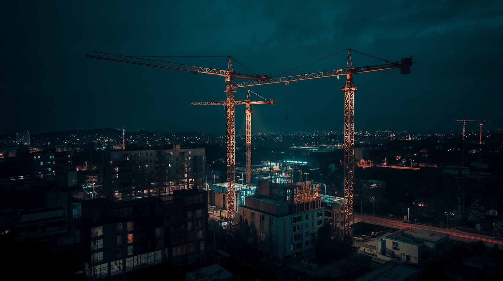 Construction site at night with cranes